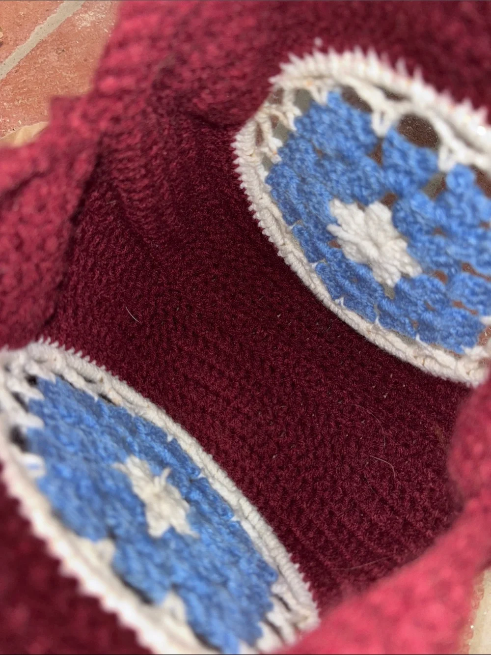 Handmade Boho Crochet Round Wristlet Bag in Burgundy with Blue & Cream Accent